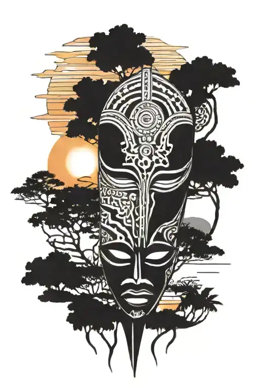 west African mask admiring a sunset tattoo design idea