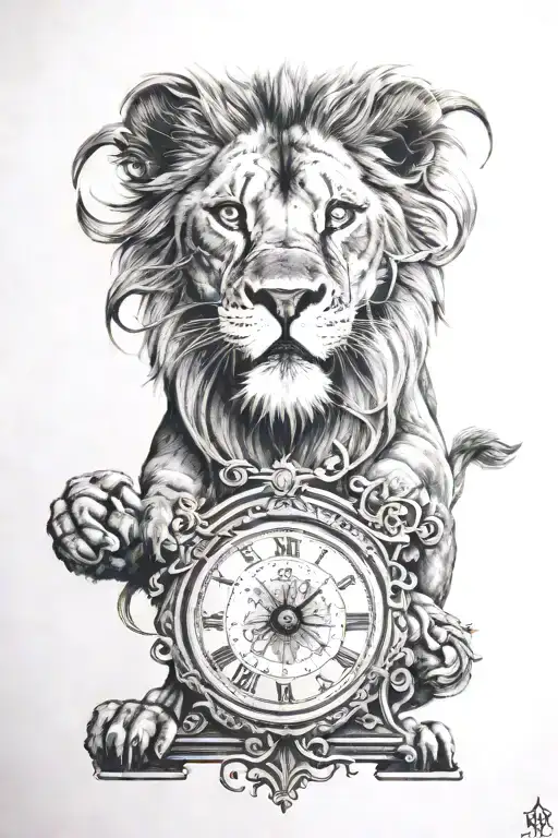 lion and a clock with numbers tattoo design idea