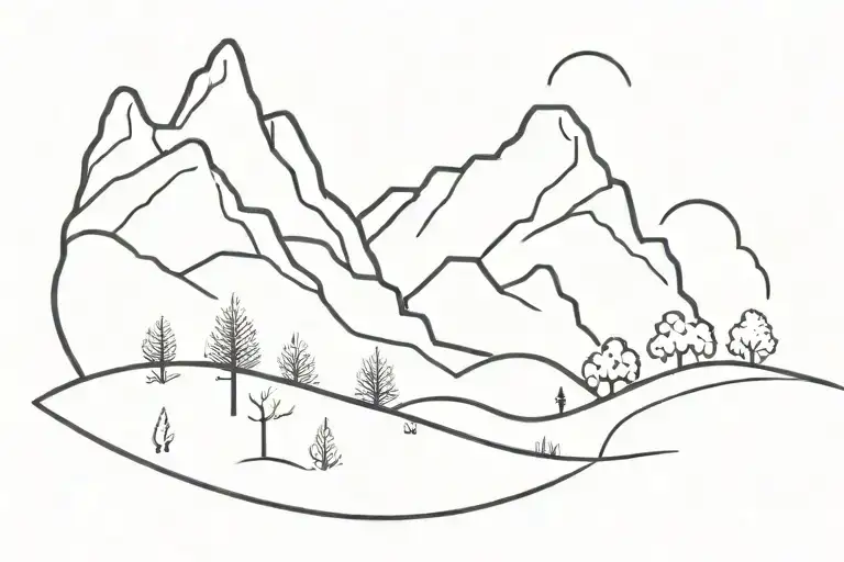 mountains with a road and farmers field with trees tattoo design idea