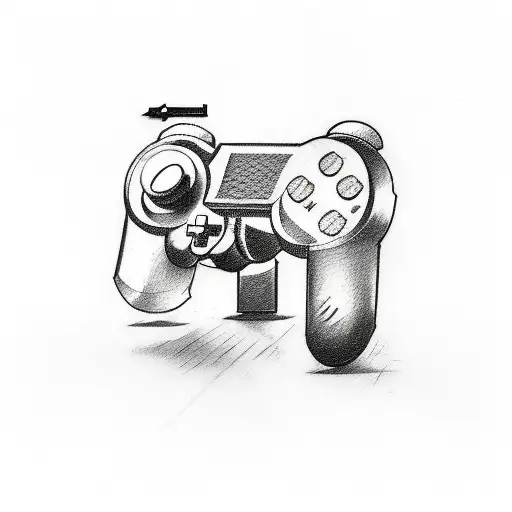 A sketch-style tattoo of a joystick surrounded by gaming symbols and phrases tattoo design idea