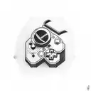 A sketch-style tattoo of a joystick surrounded by gaming symbols and phrases tattoo design idea