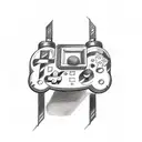 A sketch-style tattoo of a joystick surrounded by gaming symbols and phrases tattoo design idea