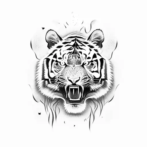 A fierce tiger roaring with the phrase 'Never Give Up' in its mouth tattoo design idea