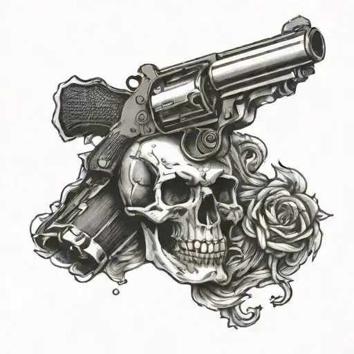 A skull holding a revolver with smoke coming out the barrel tattoo design idea