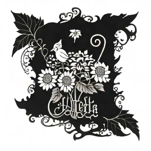 A whimsical fairy tale forest with a bouquet of asters and morning glories growing around a hidden sign that says Cilla tattoo design idea