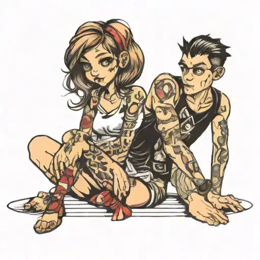 scrawny boy sitting with cute girl tattoo design idea