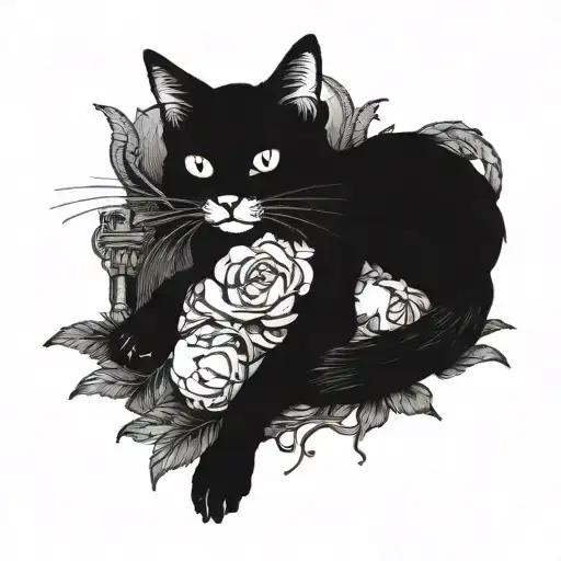 A gothic cat lounging on a pile of opium style clothing tattoo design idea