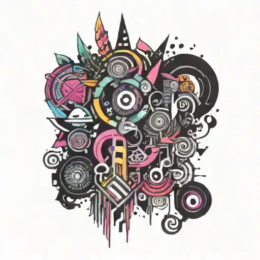 A psychedelic rave scene with swirling colors and neon lights tattoo design idea