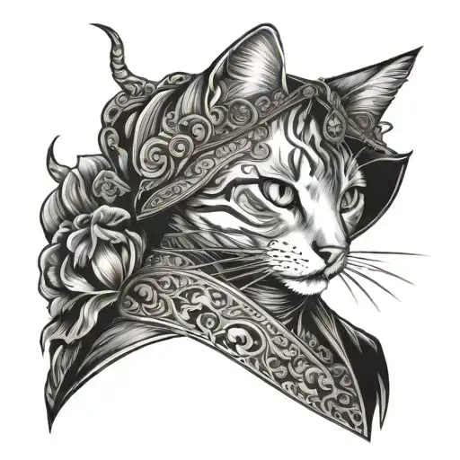 A cat dressed in opium style clothing, surrounded by gothic elements tattoo design idea