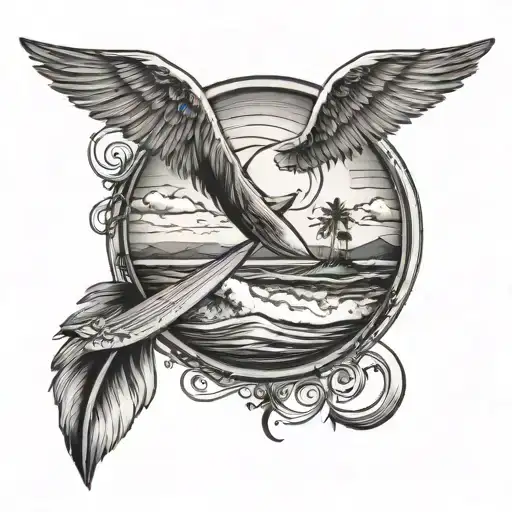 PLAGE AVEC UNE PETITE PLANCHE DE SURF AUTOUR D'UN ROND. AU DESSUS IL Y A UNE CROIX CHRETIENNE ET DES AILES D'ANGE tattoo design idea