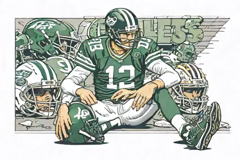 New York Jets quarterback, Aaron Rodgers, sits on the ground, holding is Achilles while wearing a helmet that says Veto tattoo design idea