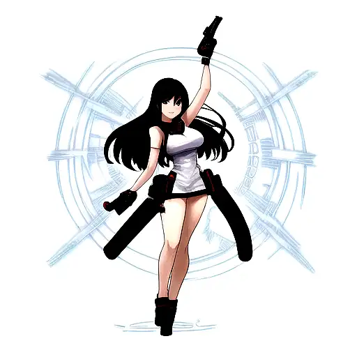 a full body picture of a slim sexy asian girl with on arm raised pointing a hand gun tattoo design idea