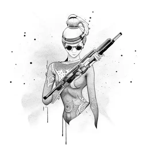 a full body picture of a slim sexy asian girl with on arm raised poing a hand gun tattoo design idea