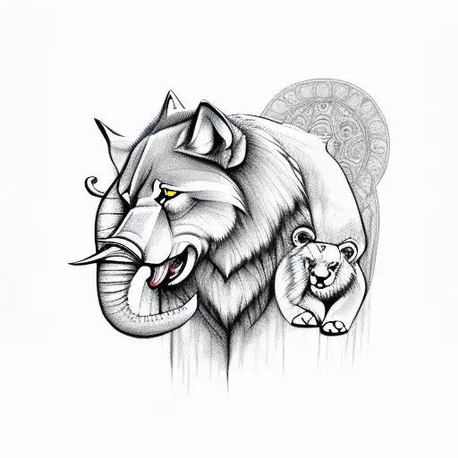 wolf with elephant and lion tattoo design idea