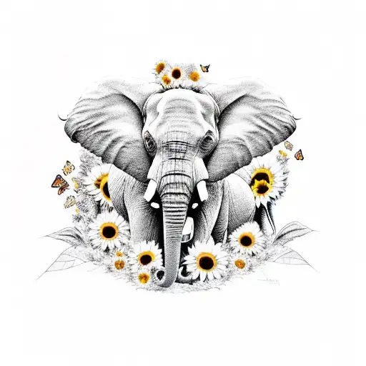 Elephant herd with sunflowers and butterflies  tattoo design idea