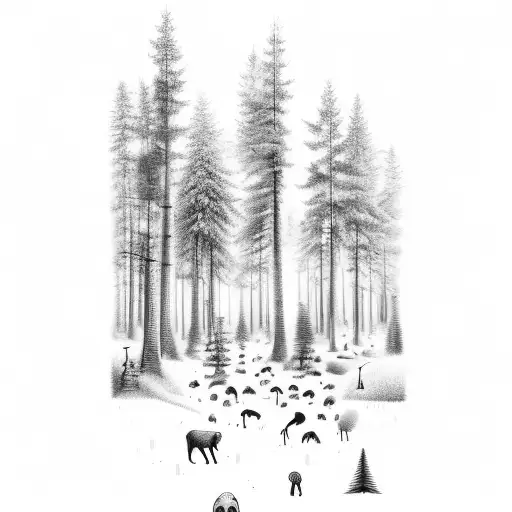 A forest scene with hidden images of your children playing among the trees and animals tattoo design idea