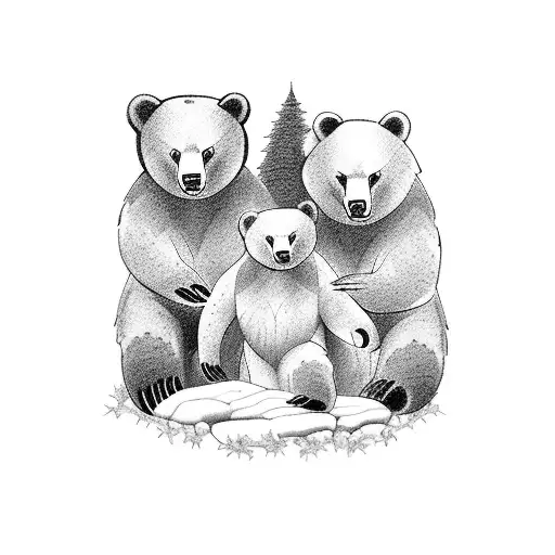 A family of bears in the forest, each bear representing one of your children with their birth dates hidden in the fur tattoo design idea