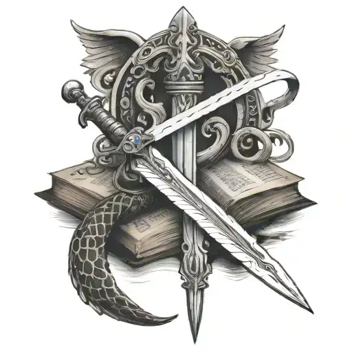 tattoo of sword with book and a winged snake in the background tattoo design idea