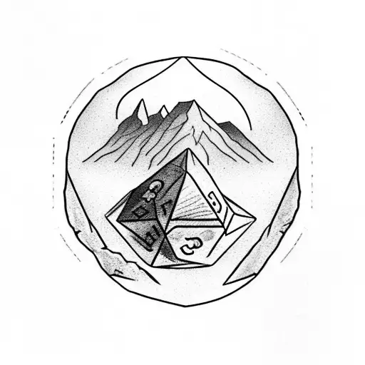 d20 dice carved into the rock in the centerBehind the rock you can see a land with a castle on the mountain in the back  tattoo design idea