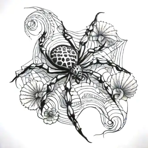 An intricate black-grey tattoo of a spider weaving a web with waves and seashells, representing the balance between freedom and nature tattoo design idea