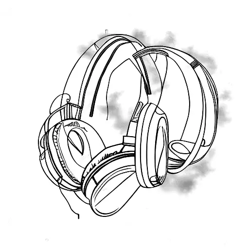 A pair of headphones morphing into a film strip with book pages as the background tattoo design idea