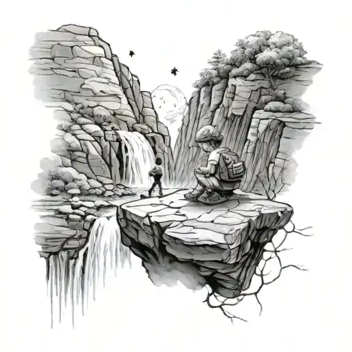little boy on cliff with waterfall looking at stars tattoo design idea