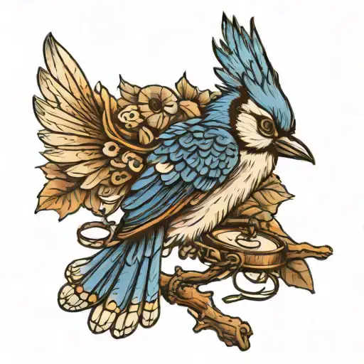 bluejay holding binoculars tattoo design idea