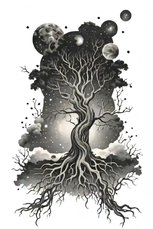 A cosmic tree of life, with roots reaching into the depths of the universe and branches stretching towards the stars, embodying your love for life and the beauty of the galaxy tattoo design idea