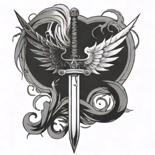 Katana with two wings, one wing is an angel wing and the other is a devil wing and around the sword and the wing is a me tattoo design idea