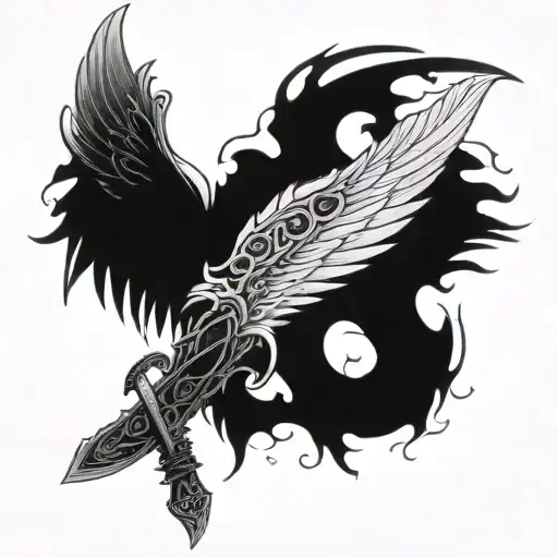 Katana with two wings, one wing is an angel wing and the other is a devil wing and around the sword and the wing is a me tattoo design idea
