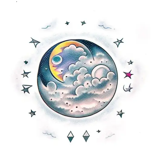 all moon phases going vertical with clouds and stars tattoo design idea