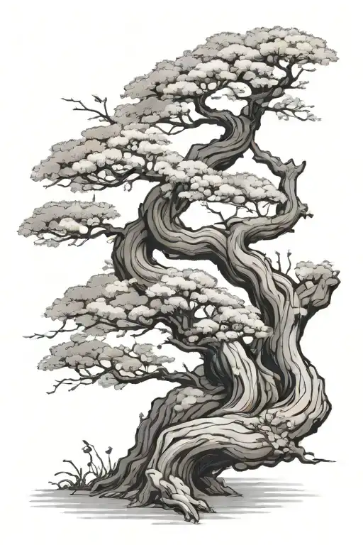 Cherry tree bonsai tree with strongly twisted trunk, visible roots and cherry blossoms tattoo design idea