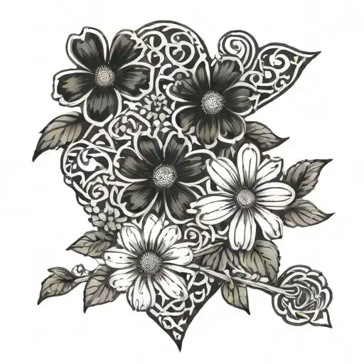 Daisy Flowers, Rage and Love words, shamrock intertwined tattoo design idea