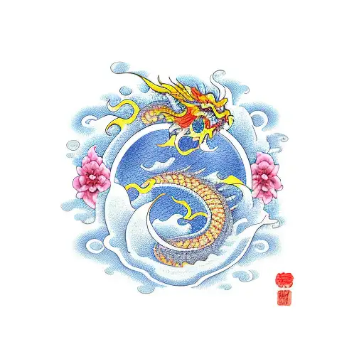 waves, philippine sun, sampaguita flower, and dragon tattoo design idea