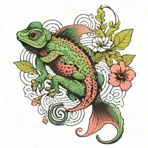 I want the tattoo to be a combination of chameleon and licorice flower and symbol of water element    tattoo design idea