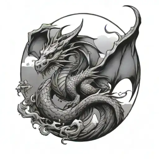 dragon wrapped around a mountian in front of a crescent moon  tattoo design idea