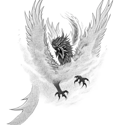 black and grey phoenix flying in flames tattoo design idea