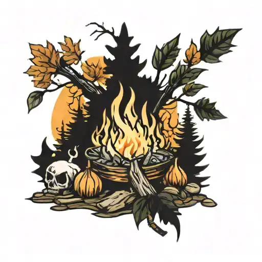 fall woods camp fire tattoo design idea