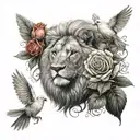 dove, lion and roses tattoo design idea