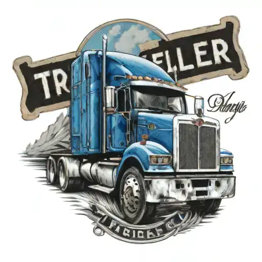 blue semi truck with the word traveler across bumper and the words roll on daddy til you get back home tattoo design idea