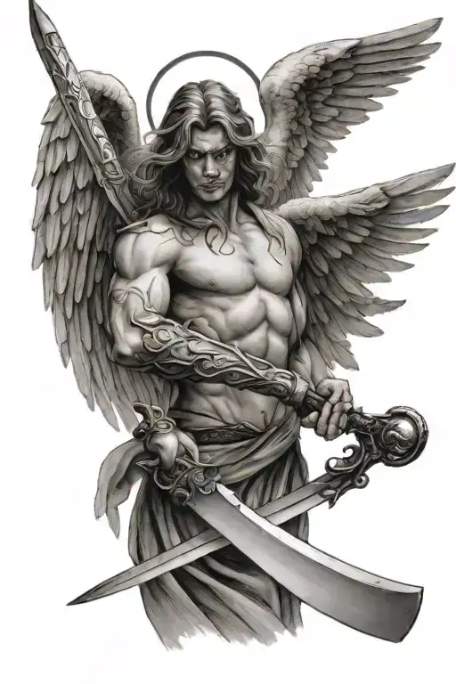 angel but deeply anger in eyes with holding sword  tattoo design idea