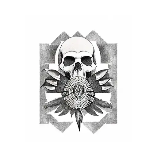 sleeve with native American skull at shoulder kente patterns and hacker castle down the biceps tattoo design idea