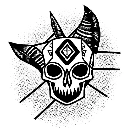 sleeve with native American skull at shoulder kente patterns and hacker castle down the biceps tattoo design idea