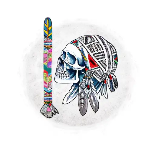 sleeve with native American skull at shoulder kente patterns and hacker castle down the biceps tattoo design idea