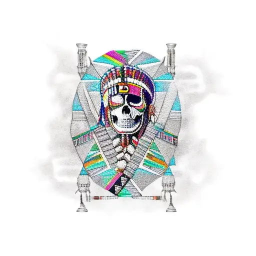 sleeve with native American skull at shoulder kente patterns and hacker castle down the biceps tattoo design idea