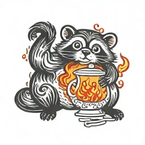 tanuki mixed with a tea pot on fire flames tattoo design idea