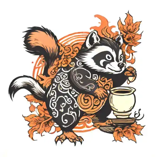 A Tanuki that has been transformed into a teapot surrounded by fire tattoo design idea