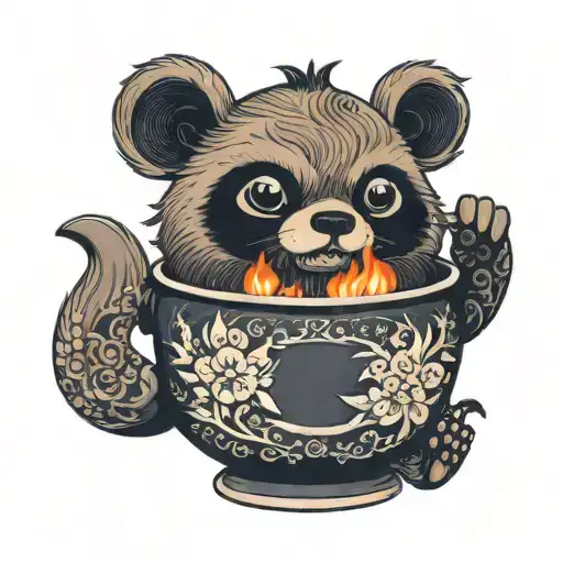 A tanuki teapot surrounded by fire  tattoo design idea