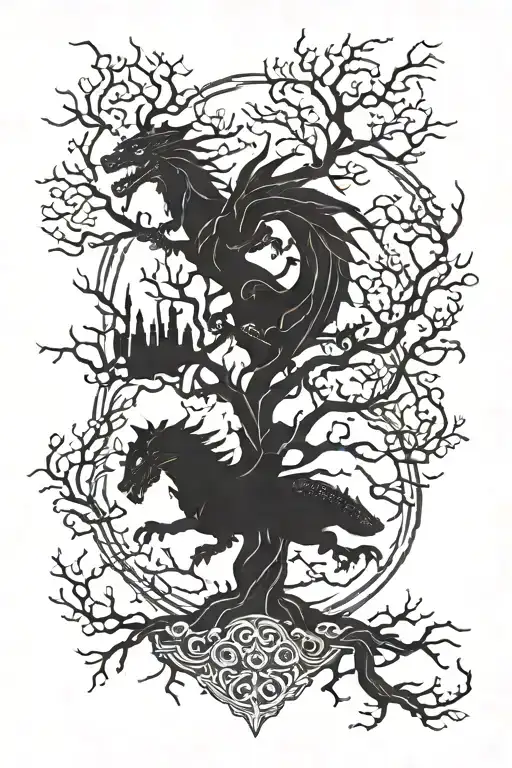 game of thrones themed tattoo with the tree with the family of dragons in the branches   tattoo design idea