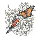 butterflies with wildflowers and cardinal bird  tattoo design idea